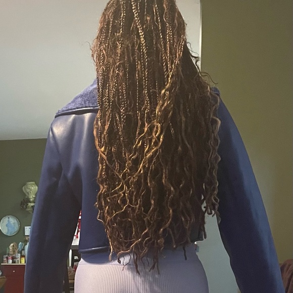 Blue Cropped Faux Leather/ Sherpa Leather Jacker - Picture 5 of 13